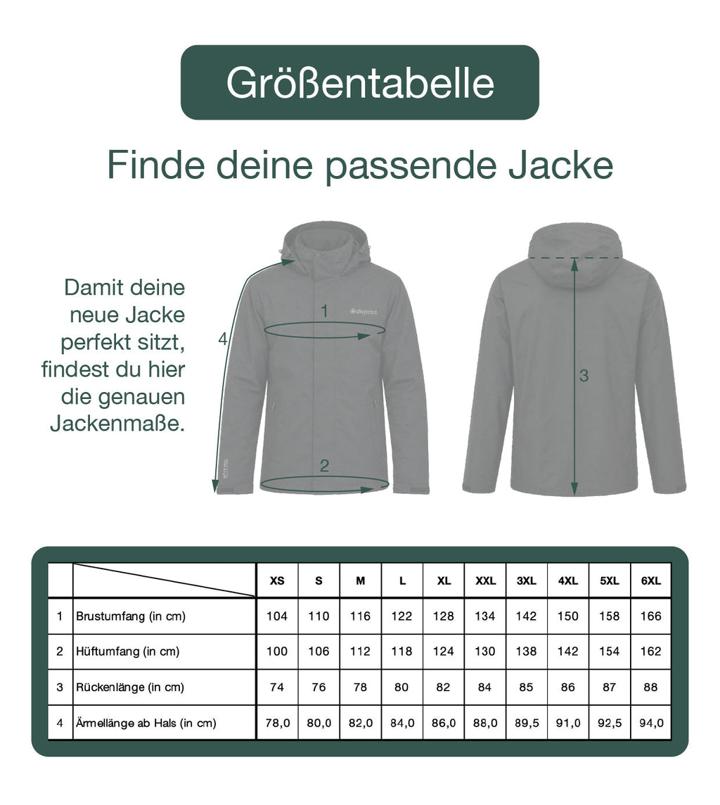 DEPROC LAVAL MEN Outdoorjacke in schwarz, Maßtabelle